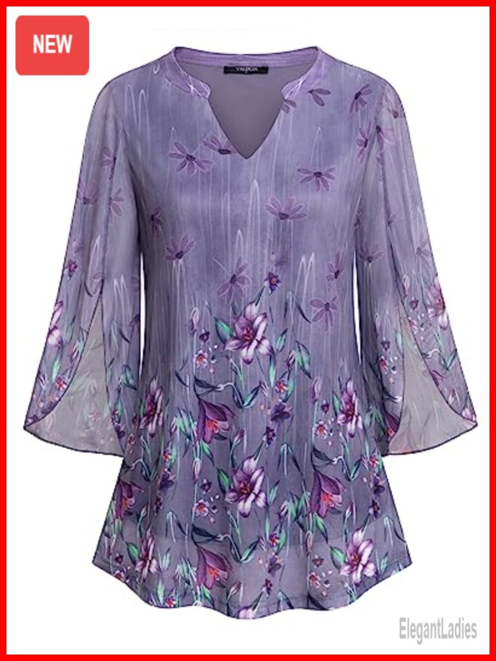 3/4 Sleeve Floral Tunic Top V Neck Double Layers Loose Fit Mesh Blouse